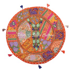 Stylo Culture Indian Round Floor Cushion Cover 55 x 55 cm Decorative Floor Seat Cushion Vintage Orange Boho Patchwork Lounge Chair Cotton Embroidered Floor Cushion Round Children's Room