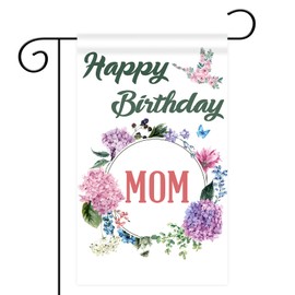 Happy Birthday Mom Garden Flag, Vertical Double Sided Polyester Flag, Mother's Birthday Yard Sign, Rustic Mother's Day Party Garden Flag for Home Yard Porch Outdoor Decor, 12 x 18 Inch