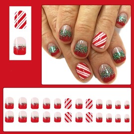 Christmas Press on Nails Red Short Square - ZWENJIE Winter Green Ombre Fake Nails Glitter French Full Cover Artificial Acrylic False Nail Stripe Vortex Designs Xmas Holiday Glue on Nails Kit 24 PCS