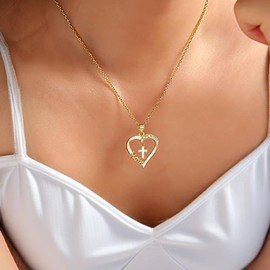 IQIC Mothers Day Necklace for Mom From Son Daughter Heart Cross Rhinestone Pendant Necklace Love Mother Daughter Necklace Gifts Christmas Holiday Jewelry (mom gold)