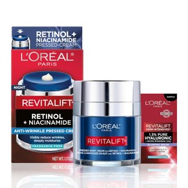 L'Oreal Paris Revitalift Pressed Night Cream with Retinol, Niacinamide, Visibly Reduce Wrinkles, Hydrate for Face, Under Eye, Neck, Chest, Dermatologist tested + Hyaluronic Acid Serum Sample, 1 kit, 2