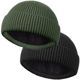 ROYBENS 2PCS Wool Short Fisherman Beanie for Men Women, Cuff Knit & Fleece Lined Swag Winter Warm Hat Soft Beanies Skull Cap Unisex