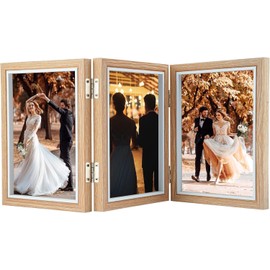 Picture Frame Collage for 3 Photos, 180° Foldable Hinged Picture Frame, Wooden Photo Frame with Glass Pane, Trifold Photo Frame for 12.5x17.5cm Photos, for Wall Desk Decor, Family and Wedding Gifts