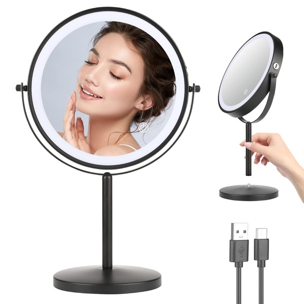 ZLOKLA - Espejo de maquillaje de computadora con luces, recargable de doble cara de 8 pulgadas, espejo de cambiador 1X/10X con 3 colores, brillo táctil inteligente de 360°, espejo de maquillaje iluminado ajustable, color negro