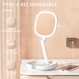 Beautifive 6.3'' Makeup Mirror with Magnification, 1X/8X Magnifying Vanity Mirror with 3 Light Modes, Rechargeable Double-Sided LED Lighted Mirror, Adjustable Height & Folding Stand Mirror for Women