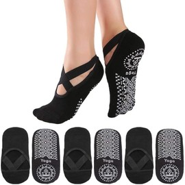 Binnan 3 Pairs Black Pilates Ballet Yoga Socks Women's Non-Slip Premium Yoga Socks Non-Slip Breathable Single Size for Pilates Ballet Dance (EU 35-40)