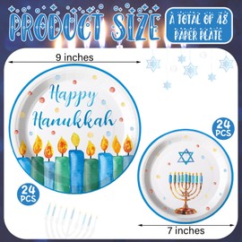 Funnymoom 48 Pcs Hanukkah Paper Plates 7 Inch 9 Inch Chanukah Disposable Plates Watercolor Blue White Star Menorah Tableware Happy Hanukkah Plates for Holiday Dinner Party Supplies Favors