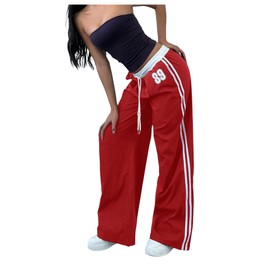 WDIRARA Women's Wide Leg Baggy Sweatpants Side Striped Number Graphic Track Pants with Pockets Red Large