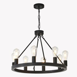 NILSE Wagon Wheel Chandelier Farmhouse 24-Inch, 8-Light Modern Black Chandelier for Dining Room, Round Iron Industrial Chandeliers Light Fixture for Living Room, Foyer, Entryway, E26