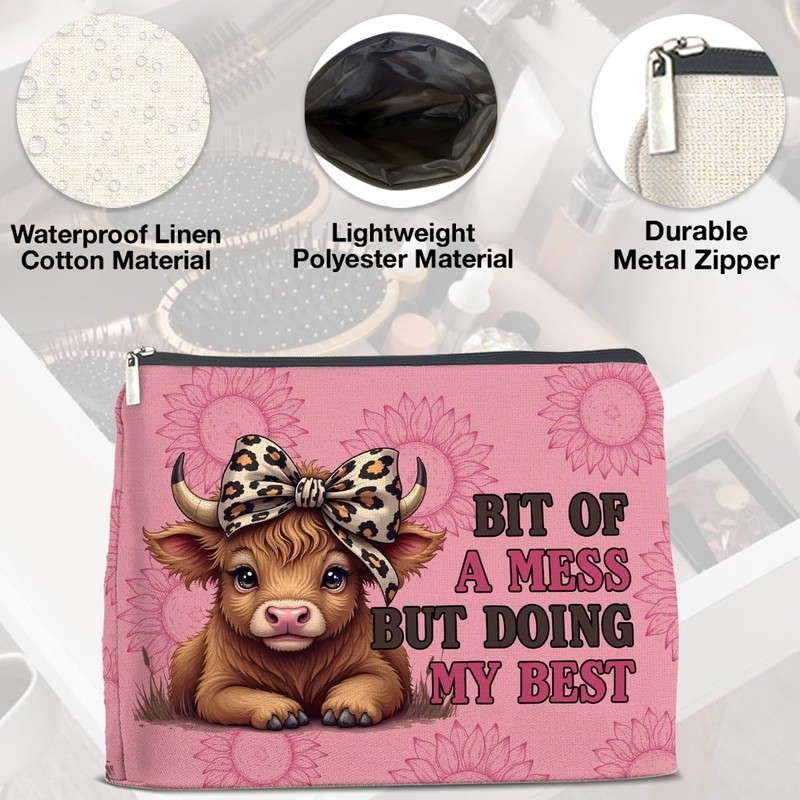 UPNEGE Inspirational Highland Cow Makeup Bag Gifts for Women Wild