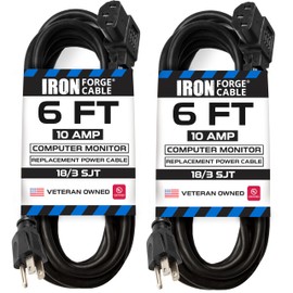 Iron Forge Cable 2 Pack of 6 ft Power Cords for TV Computer or Monitor (NEMA 5-15P to C13) - 18/3 SJT Right Angle C13 Connector Replacement Audio & Video Power Cable, Black