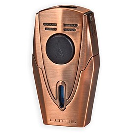 Lotus Fury Cigar Lighter with Double Pinpoint Torch Flames, Single Action Ignition, All Metal Housing, Integrated Cigar Punch, Tinted Fuel Level Window (Brushed Copper)