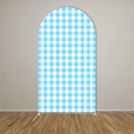 FiVan Gingham Checkered Pattern Arch Backdrop Cover Curved Top Arch Stand Stretchy Spandex Cover for Wedding Birthday Baby Shower Party Decoration (Blue&White,6X2.6FT)