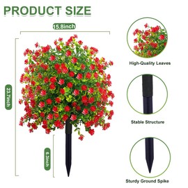 THKFUL Boxwood Topiary Ball Tree Artificial Outdoor Set of 2 with Red Flowers, UV Resistant Fake Evergreen Tree Plants with Ground Spike,Faux Greenery Shrubs for Potted,Front, Balcony,Garden,-23.7”