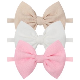YanJie Baby Girls 4.5" Nylon Headbands, Handmade Hair Bows Hairbands Hair Accessories for Newborn Infant Toddlers Kids, 3 Pieces, Light Pink/White/Beige