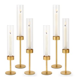 Gold Hurricane Candle Holders, Taper Candle Stick Holders for Candlesticks Holder Decor, Elegant Dining Table Centerpiece for Wedding, Christmas & Home Decor (6pcs)