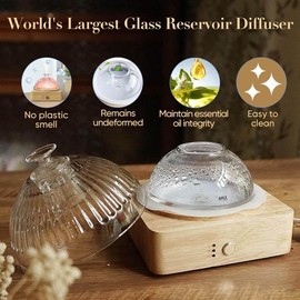 Glass Dome Essential Oil Diffuser with Glass Reservoir & Wood Base-Plastic Free Ultrasonic Glass Diffuser for Gift Home Office Yoga baby
