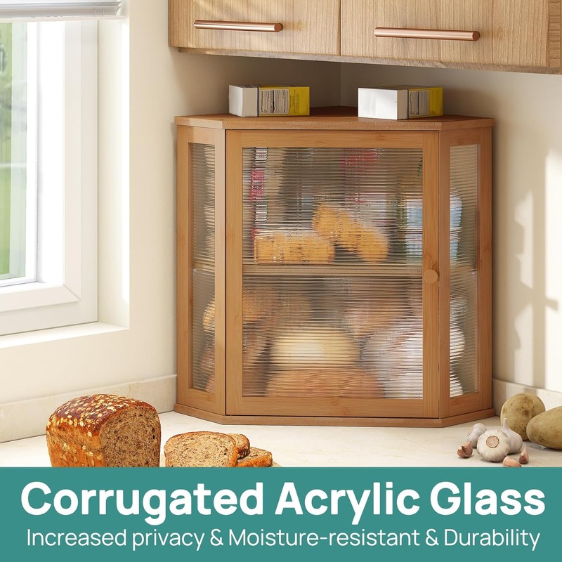 Corner Bread Box for Kitchen Counter, Bamboo Wood Large Capacity