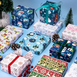 Larcenciel Christmas Wrapping Paper with Ribbon Stickers, 8 Sheet Xmas Gift Wrapping Paper Set, Cute Santa Deer Angel Pattern, Glossy Gift Wrap for Hanukkah New Year Holiday Birthday Party,27.6x19.7in