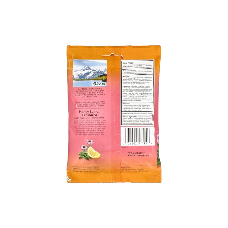 Ricola HoneyLemon with Echinacea Cough Suppressant Throat Drops, 19 Count
