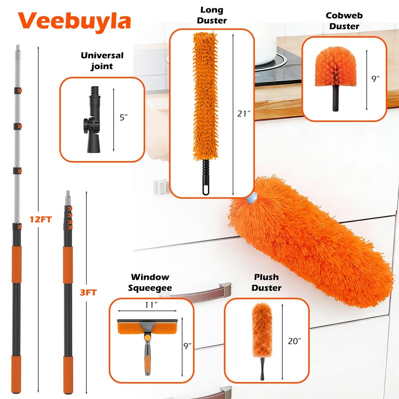 20FT Reach Extendable Ceiling Duster Kit with Squeegee & Cobweb