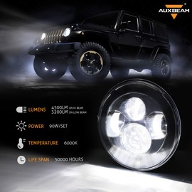 Auxbeam 7 Inch Round LED Headlights Replacement for Jeep Wrangler JK TJ LJ CJ Rubicon Sport Sahara Hummer H1 H2, 7" LED Headlamps for Unlimited JKU Peterbilt Ford H6024 Headlights, Black