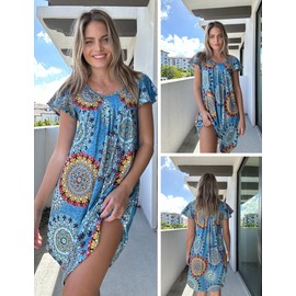 Ekouaer Womens Nightgown Soft Sleepwear Pleated Sleepshirt Sleep Dress Short Sleeve Nightdress Mandala S