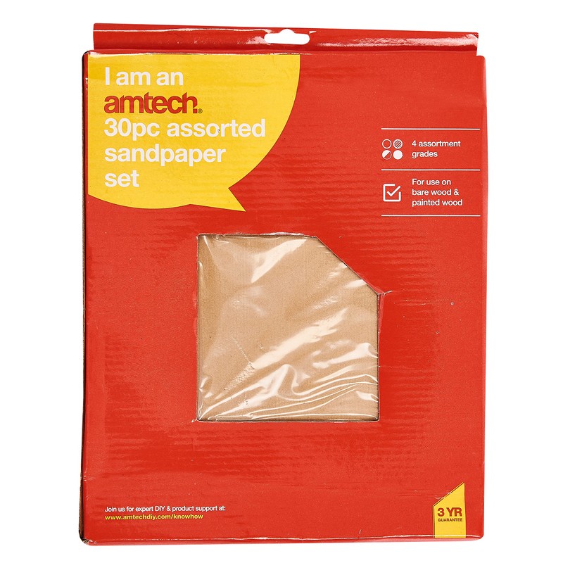 Amtech S3850 Assorted Sandpaper Set, 30 Pieces and 4 Grades,
