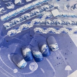 3Sheets Ocean Wave Nail Art Stickers, Blue and White Design, Water Pattern Nail Decals
