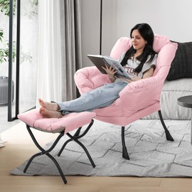 Athena Collection Lazy Lounge Chair with Ottoman, Modern Soft Reading Arm Chair for Adults, Comfy Sofa Armchair with Footrest and Side Pocket for Corner, Living Room, Bedroom, Small Space, Pink