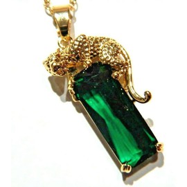 Goldtone Jaguar Leopard on Green Glass Stone Pendant on Dainty Chain Necklace, Metal, Glass, glass