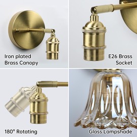 GEEZO Vintage Wall Sconces, Rechargeable Wall Lights with Remote Control Flower Glass Lampshade,180° Adjustable Brass Sconces with 15 Colors for Beside Bedroom Living Room Doorway (1 PCS)