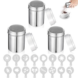 3 Pcs Stainless Steel Powder Shaker,Coffee Cocoa Seasoning Shaker Dispenser Fine-Mesh Lid,with 16pcs Printing Molds Stencils (3 pcs)