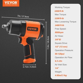 VEVOR professinal 1 Inch Air Impact Wrench, Up to 3160 ft-lbs High Reverse Torque Output 1" Pneumatic Impact Gun w/ 8 Inch Extended Anvil & Carrying Case for Heavy Duty Repairs and Maintenancetorque， High-Torque Impact Wrench:_1400ft