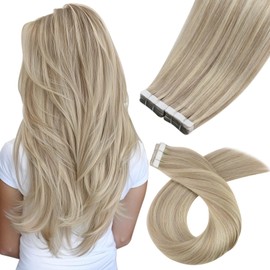 Moresoo Tape in Hair Extensions Real Human Hair 22 Inch Remy Human Hair Extensions Tape in Ash Blonde with Bleached Blonde 40 Pieces/100g #P18/613