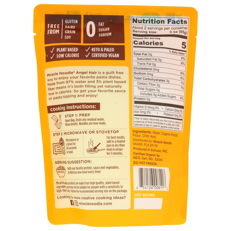 MIRACLE NOODLE Organic Plant Based Angel Hair Noodles, 7 OZ