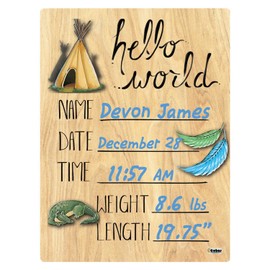 Cohas Hello World Newborn Baby Announcement Printed Wood Sign with Fantasy Land Theme, 5 by 7 Inches, Blue Marker