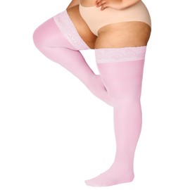 DORALLURE Plus Size Thigh High Stockings, Silicone Lace Top Stay Up, Pink Silky Pantyhose for Women, Hold Up Nylon, 1X 2X