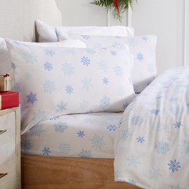 Market & Place 100% Turkish Cotton Flannel Sheet Set | 4 Piece Deep Pocket Novelty Cozy Winter Bed Sheets | Double Brushed for Extra Softness & Comfort | Alpine Collection (Queen, Blue Snowflake)