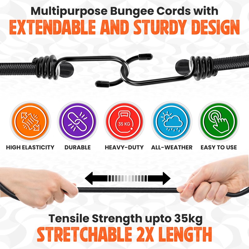 Bungee Cords with Hooks Heavy Duty Weatherproof & UV-Resistant Elastic