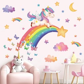 TOARTi Rainbow Unicorn Wall Stickers Butterfly Cloud Decor for Girls Bedroom Wall Stars Wall Decals Large Rainbow Sticker for Wall Kids Room Baby Nursery Colorful Art Decor