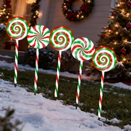 VERLIAN Christmas Lollipop Pathway Lights-5 Pack Solar Powered Outdoor Garden Path Lights Xmas Candy Cane Landscape Lighting Solar Waterproof Decorative Lights Decorations Outside Yard
