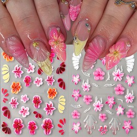 Flower Nail Art Stickers Decals Pink Floral Nail Stickers 2PCS 5D Embossed Self-adhesive Tropical Style Design Nail Art Supplies Summer Fall Nails Sticker Charms for Women Nail Decorations Accessories