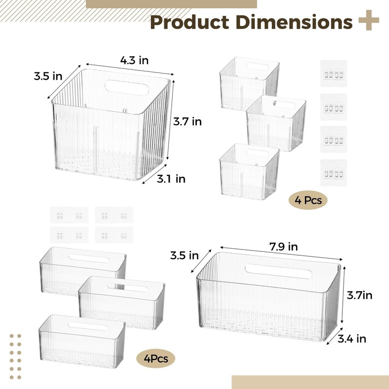 8 PCS Clear Cabinet Door Organizer Bins with Adhesive Hooks,