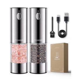 TOMEEM Upgraded Larger Capacity Electric Salt and Pepper Grinder Set Rechargeable with LED lights, Stainless Steel Automatic Pepper and Salt Grinder Refillable with 5 Adjustable Coarseness