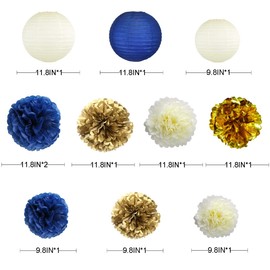 Navy Blue and Gold Party Decoration Kit Lanterns Flowers Pom Pom with Champagne Gold 3D Butterfly Stickers and Leaf Garland Streamers for Birthday Engagement Wedding Bridal Shower Bachelorette Party