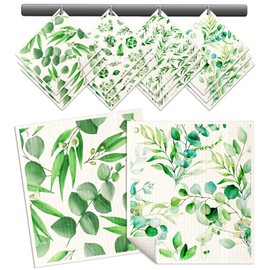 Miss Adola Kitchen Swedish Dishcloths - 12 Pack Reusable Cloths for Washing Dishes, Absorbent, Fast Drying, Cute Spring Leaves Pattern