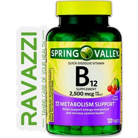 Spring Valley, Vitamin B12 2500 MCG, B12 Quick-Dissolve Cherry Flavor Tablets Dietary Supplement, Vitamin B12, 120 Count Included Ravazzii Sticker (Pack of 1)
