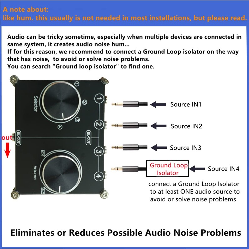 3.5mm AUX Cable Switcher, 4 Input 1 Output, AUX 1/8"