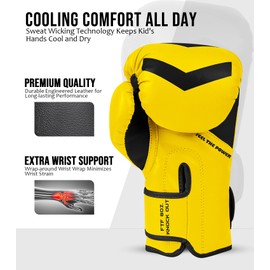 Exxact Sports Knockout Youth Boxing Gloves for Kids (3-15 Years) with Padded Protection and Wrist Support, Durable Engineered Leather Kids Boxing Gloves for Sparring (Gold/Black, 6 OZ)